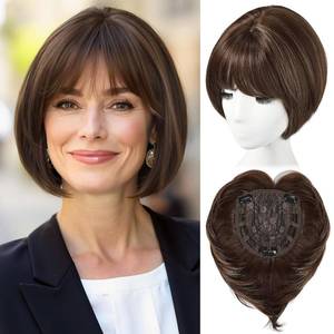 lot 8107 image: EMMOR Hair Toppers for Women Short Bob Synthetic Hairpieces with Bangs 10 Side Part Toppers for Women with Thinning Hair 7   7 Larger Base(Dark Brown)