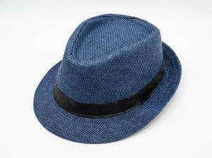 lot 63628 image: Blue Straw Panama Fedora Hat with Black Band