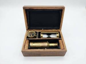 lot 63674 image: Brass Compass Hourglass Telescope Wood Box Set