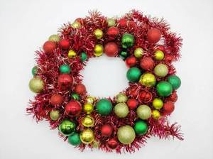 lot 63686 image: Red Tinsel Christmas Wreath w Colorful Ornaments