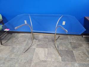 lot 21778 image: Glass Dining Table w Metal Frame & Curved Supports