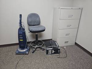 lot 21782 image: Bissell Vaccumm, Office, Chair, Computer and Filing Cabinet