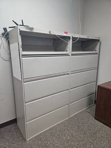 lot 21789 image: (2) Unit White Lateral Filing Cabinet w Open Shelving