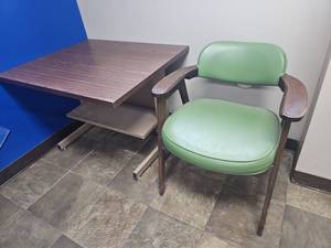 lot 21790 image: Vintage Wood Arm Chair with Green Vinyl Seat and Desk