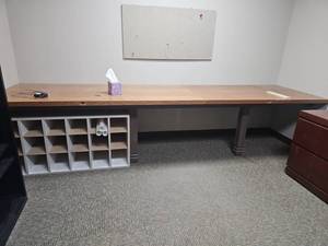 lot 21793 image: Wood Desk w White Cubby Storage Unit