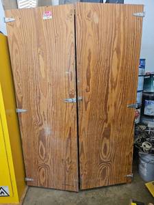 lot 1485 image: Two-Door Wooden Cabinet with Metal Hinges and Latches