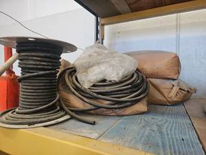 lot 15838 image: Industrial Welding Cable Spools with Reels Lot and Silica sand