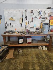 lot 15863 image: Assorted Lot of Painting Tools, Hand Tools, Brushes and More - Table and Peg Board Included
