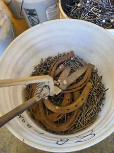 lot 15907 image: Bucket of Assorted Nails and Horse Shoes