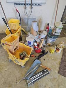 lot 21822 image: Lot of Assorted Janitorial Mop Bucket Wringer Cart and Cleaning Supplies&nbsp