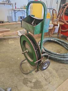 lot 21828 image: Green Metal Hose Reel Cart with Wheels and Storage Box