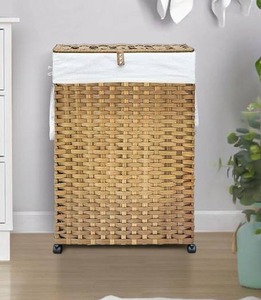 lot 121618 image: 70L Slim Laundry Hamper with Lid & Wheels, 1-Park Rolling Laundry Basket, Narrow Dirty Clothes Basket, Foldable Handwoven Rattan Laundry Sorter, Gray