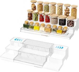 lot 121622 image: 3-Tier Expandable Clear Spice Rack Organizer 2 Pack Adjustable Tiered Seasoning Shelf with Non-Slip Textured Surface, Multi-Purpose Cabinet Organizer for Kitchen Pantry Countertop Vanity