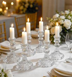 lot 121627 image: 6 Pack Glass Taper Candlestick Holders, Clear Candlestick Holders, 4 H Stripe Crystal Candle Holders Decorative Candle Stand Centerpiece for Wedding, Festival, Dinning Party Table Decor