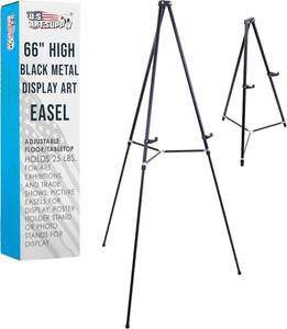 lot 121635 image: U.S. Art Supply 66 High Black Metal Display Art Easel - Large Adjustable Height Portable Easel Stand, Sign Display, Holds 25 lbs - Floor & Tabletop Easels, Sign Stand