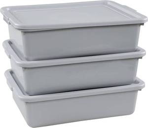 lot 121638 image: 3 Packs 15 L Plastic Bus Tubs with Lids, Commercial Bus Box, Gray