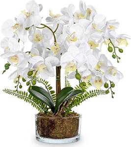 lot 121642 image: White Orchids Artificial Flowers 16.5 Faux Orchids Plant in Pot Fake Flower Arrangements with Glass Vases White Centerpieces for Kitchen Dining Room Tables Bathroom Nightstand Shelf Desk Decor