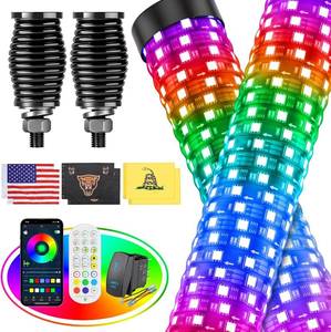 lot 221648 image: Retails for $180 Ehaho 2PCS 3FT Fat Whip Lights for UTV ATV with Spring Base, Led Fatty Whip Light WRocker Switch & 6 Flags, Brighter Spiral Chasing Lighted Antenna Whip with APP & Remote Control for RZR SXS Can-Am