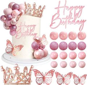 lot 221658 image: Balls Cake Toppers Happy Birthday Crown Tiara Cake Toppers for Birthday Wedding Baby Shower Party Decorations (Rose Gold Pink)