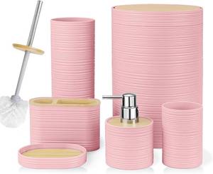 lot 321550 image: CERBIOR Bamboo Bathroom Accessories Set 6 Piece Spiral Bath Ensemble Pink