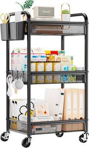 lot 321554 image: YASONIC 3 Tier Metal Rolling Cart, Black Utility Storage Cart with Wheels