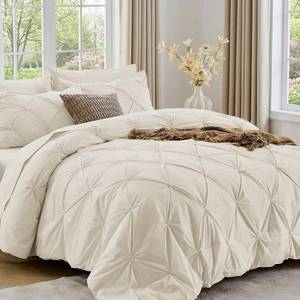 lot 321555 image: Sasttie Full Size Comforter Set, 7-Piece Bed in a Bag Double, Pintuck Bedding Set for All Season, Includes Comforter, Flat Sheet, Fitted Sheet, Pillowcases and Pillowshams, Beige