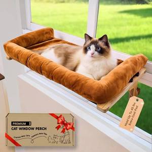 lot 321571 image: Ready to Gift PURRHOUSE 45LBS Cat Window Perch with Bolster, Hammock Seat with Plywood & Metal Frame, Cat Bed for Windowsill, Bedside and Cabinet (Natural Wood & Brown Cushion, 24.8W x 9.4H)