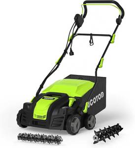 lot 321589 image: Retails for $140 2-in-1 Dethatcher & 16-Inch Scarifier Electric Corded, 15 Amp Copper Motor, Electric Lawn Dethatcher with 5-Position Depth Adjustment, 14.5 gal Thatch Bag,Walk Behind for Yard Lawn Garden Care