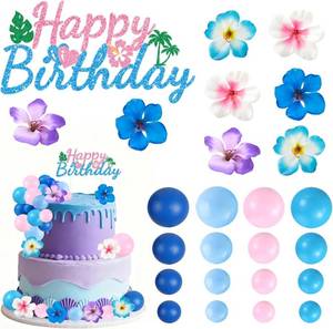 lot 321600 image: Pink Blue Cake Toppers with Balls Hibiscus Flower Hawaiian Cake Decorations for Hawaiian Themed Birthday Baby Shower Party Supplies