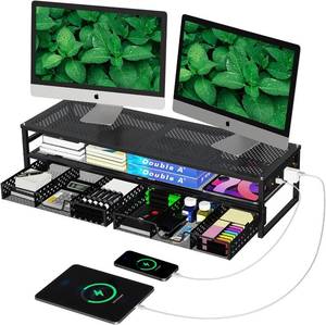 lot 421615 image: Simple Trending 2-Tier Metal Dual Monitor Stand with USB & 2 Drawers, Black