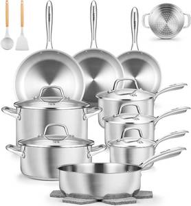 lot 421632 image: Retails for $210 KOCH SYSTEME CS Stainless Steel Cookware Set 21 Piece with 5-Layer Base, Professional 1810 Stianless Steel Pots and Pans Set, Oven&Dishwasher Safe, Non Toxic, Induction Kitchen Cooking Sets, 21PCS