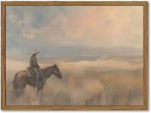 lot 421642 image: Vintage Western Cowboy Wall Art Cowboy on Horse Wall Decor Paintings, Southwestern Landscape Poster Canvas Prints for Bedroom Farmhouse Living Room 16x24 inch Wood Framed