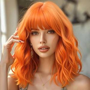 lot 421648 image: Orange Short Wavy Bob Synthetic Wig with Bangs for Women