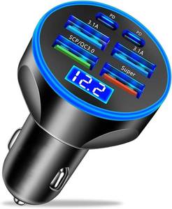 lot 421658 image: Super Fast Charge USB C Car Phone Charger Adapter 6 in 1 with Voltage Display 250W Multi Port Cigarette Lighter USB Charge for iPhone 18 17 16 15 14 13 12 11 Samsung Galaxy Huawei Oneplus Oppo Vivo