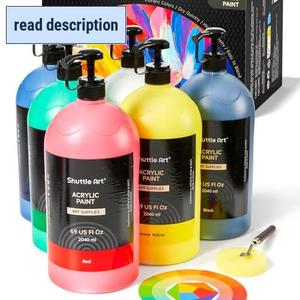 lot 121614 image: Shuttle Art 6 Colors Acrylic Paint Set, 69oz2040ml Large Capacity Pump Bottles, Rich Pigments, High Coverage Paint, Fast Drying, Non-Toxic, for Canvas Wood Ceramic Rock Painting & DIY Crafts