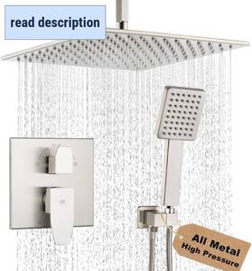 lot 421633 image: Retails for $156 12 Inch Ceiling Mount Shower Faucet Set Brushed Nickel Ceiling Rainfall Shower Head and Handle Set Bathroom Rain Shower System Include Shower Valve and Trim Kit