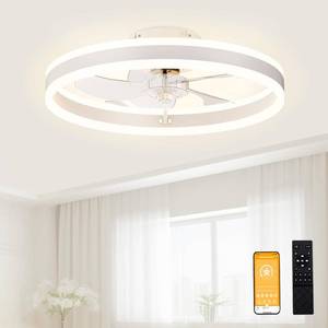 lot 131511 image: VOLISUN Low Profile Ceiling Fans with Lights and Remote, 19.7in Flush Mount Ceiling Fans with Light, 3000K-6500K Dimmable Fandelier LED Fan Light, White Bladeless Ceiling Fans with Lights for Bedroom