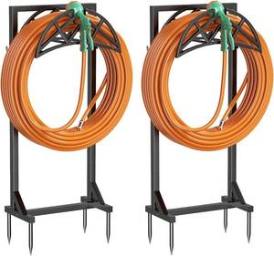 lot 131537 image: 2 Pack Garden Hose Holder, Heavy-Duty Metal Stand with Stable Base & 2 Tool Hooks, Freestanding Storage Rack for Outside, Holds 150ft   Hose Holders for Yard & Lawn