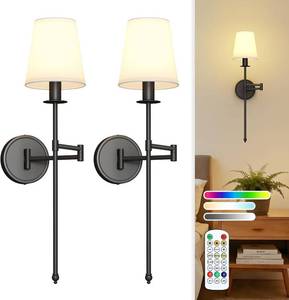 lot 131556 image: Joosenhouse Black Wireless Wall Sconces Set of 2, Battery Operated Wall Lights with Remote Control, 9 RGB Color Options, 24.8 inch Dimmable Wall Lights for Hallway, Bedroom, Living Room