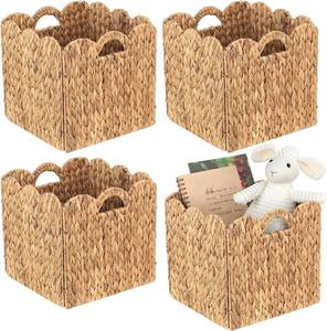 lot 331356 image: Set of 4 Foldable Scalloped Water Hyacinth Storage Cubes Basket, Storage Cube Bins -12x12x12, Collapsible Cube Organizers, Water Hyacinth Woven Bins for Bathroom, Bedroom, Laundry, Pantry, Shelves