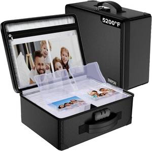 lot 331370 image: ENGPOW Fireproof 5200 F Photo Storage Box with 16 Inner 4 x 6 Photo Case(Clear), Photo Organizer with Lock, Portable Acid-Free Photo Keeper Safe Storage with Handles for Home, Office, Travel