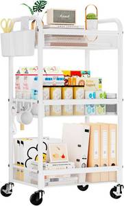 lot 331371 image: YASONIC 3 Tier Metal Rolling Cart, White Utility Storage Cart with Wheels