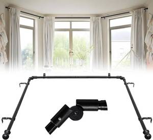 lot 331384 image: Bay Window Curtain Rods, 1 Inch Heavy Duty Metal U Shaped Corner Curtain Rod, 59-184 Adjustable Curved Curtain Rod for Bay Window Black