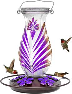 lot 331396 image: Hummingbird Feeder for Outdoors, 24oz Glass Nectar Feeder with Perch & 5 Flower Feeding Ports, Leakproof Hanging Bird Feeder for Garden Yard Decor, Outside Gifts for Women & Mom, Lavender