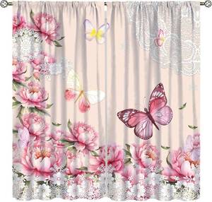 lot 331401 image: Watercolor Butterfly Curtains Dreamy Pink Nature Spring Summer Flowers Plants Leaves Scenery Windows Treatments Rod Pocket Drapes for Girls Kids Living Room Bedroom 42x45In No Blackout
