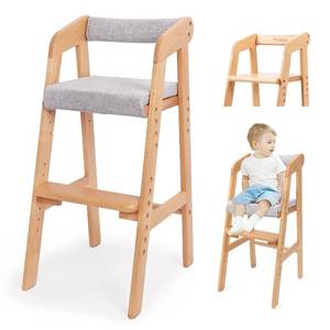 lot 431508 image: Wooden High Chair for Toddlers, Adjustable Feeding Chair with Removable Cushion for Child, High Chair Grows with Kid for Dining, Studying, Step Tool(Natural Color)