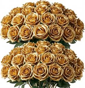 lot 431509 image: 60 Pcs Gold Silk Artificial Roses Flowers Real Looking Silk Faux Roses Bulk Long Stems for Wedding Centerpieces,DIY Floral Arrangements,Home Decor,Anniversary,Valentines Day