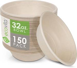 lot 431512 image: Ecovita 100% Compostable Paper Bowls 32 oz.   150 Disposable Bowls Eco Friendly Sturdy Tree Free Liquid and Heat Resistant Alternative to Plastic or Paper Bowls
