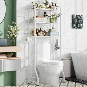 lot 431544 image: Simple Trending Over The Toilet Storage Rack, Metal 3 Tier Bathroom Organizer Shelf with Paper Holder and 3 Hooks, Freestanding Shelf Space Saver Above Toilet, White