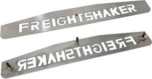 lot 431547 image: 24 x 4 Semi Trucks Mud Flap Weights wFREIGHTSHAKER Pattern Stainless Steel Mirror Finish with Welded Studs, 2PCS